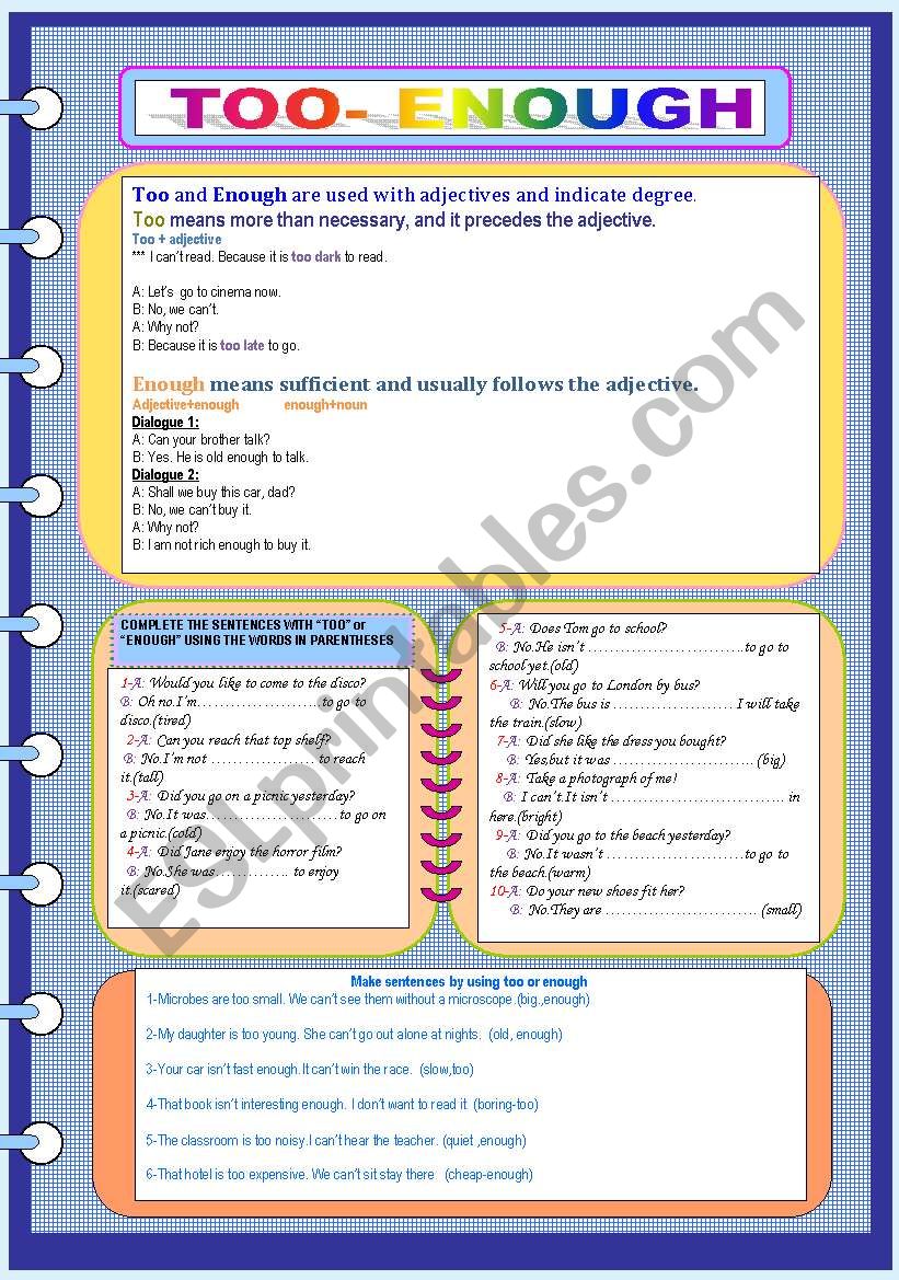 TOO- ENOUGH (TWO PAGES) worksheet