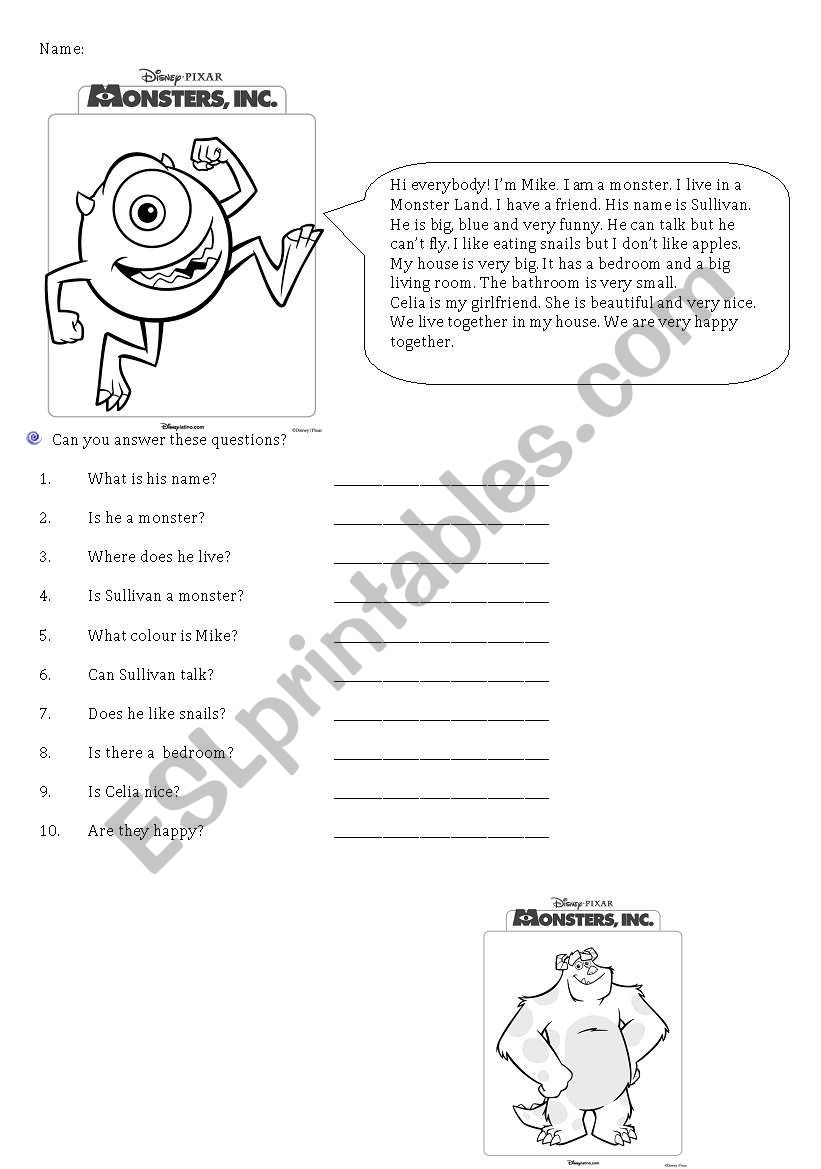 Monsters Inc worksheet