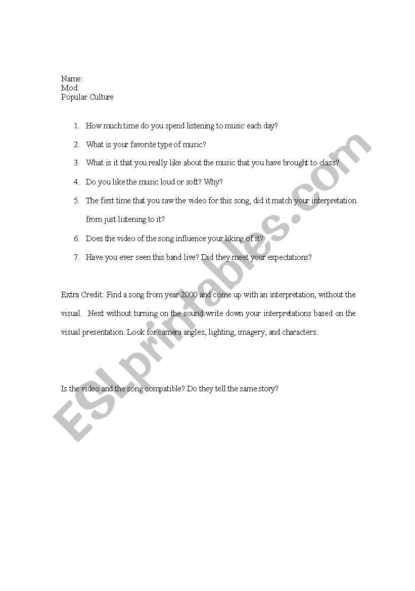 Pop Culture worksheet