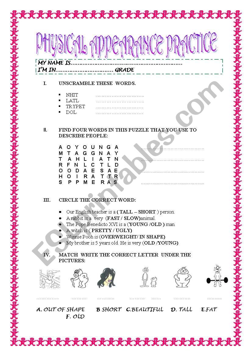 PHYSICAL APPEARANCE worksheet
