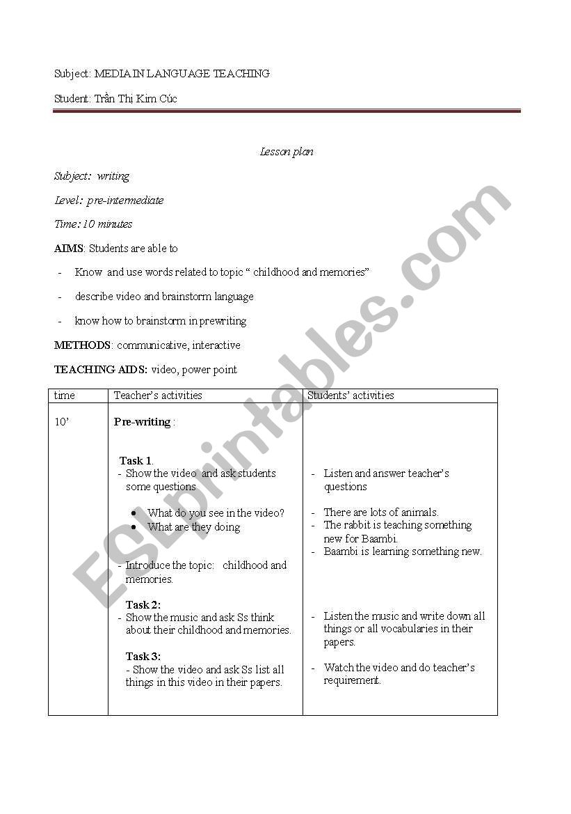 writing- memory and childhood worksheet