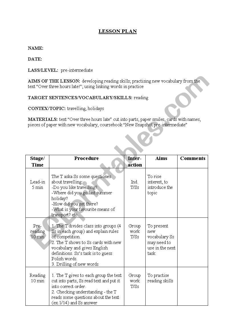 travelling worksheet