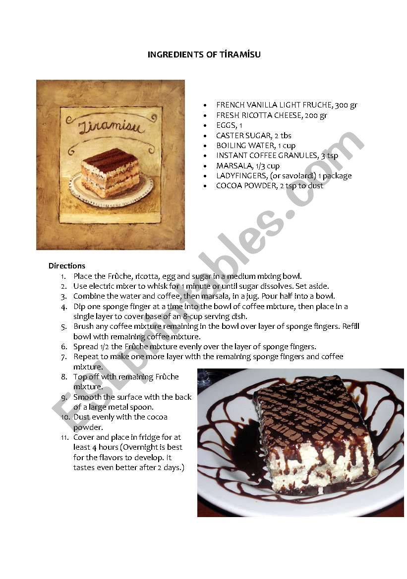 Tiramisu Recipe worksheet