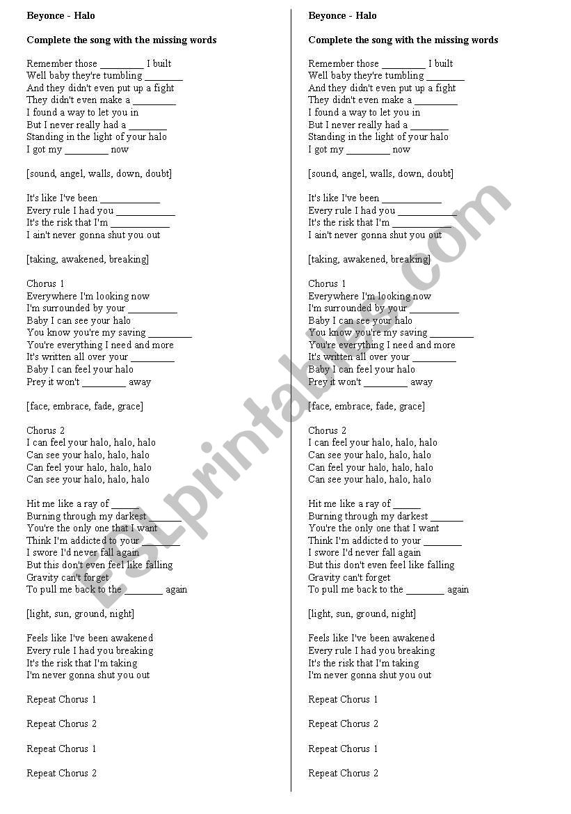 Beyonce - Halo worksheet