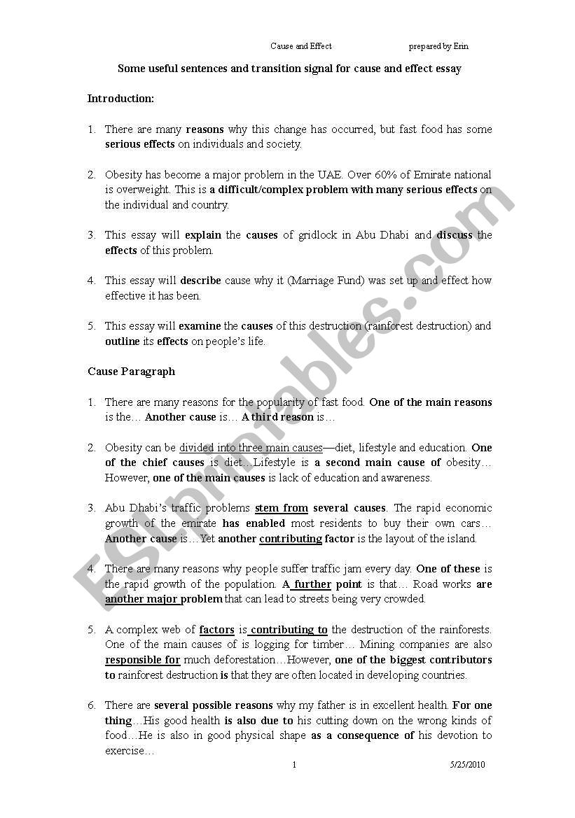 useful sentence and transition signals for cause and effect