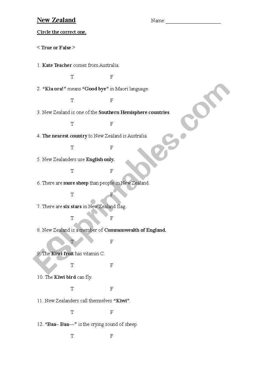 New Zealand worksheet worksheet