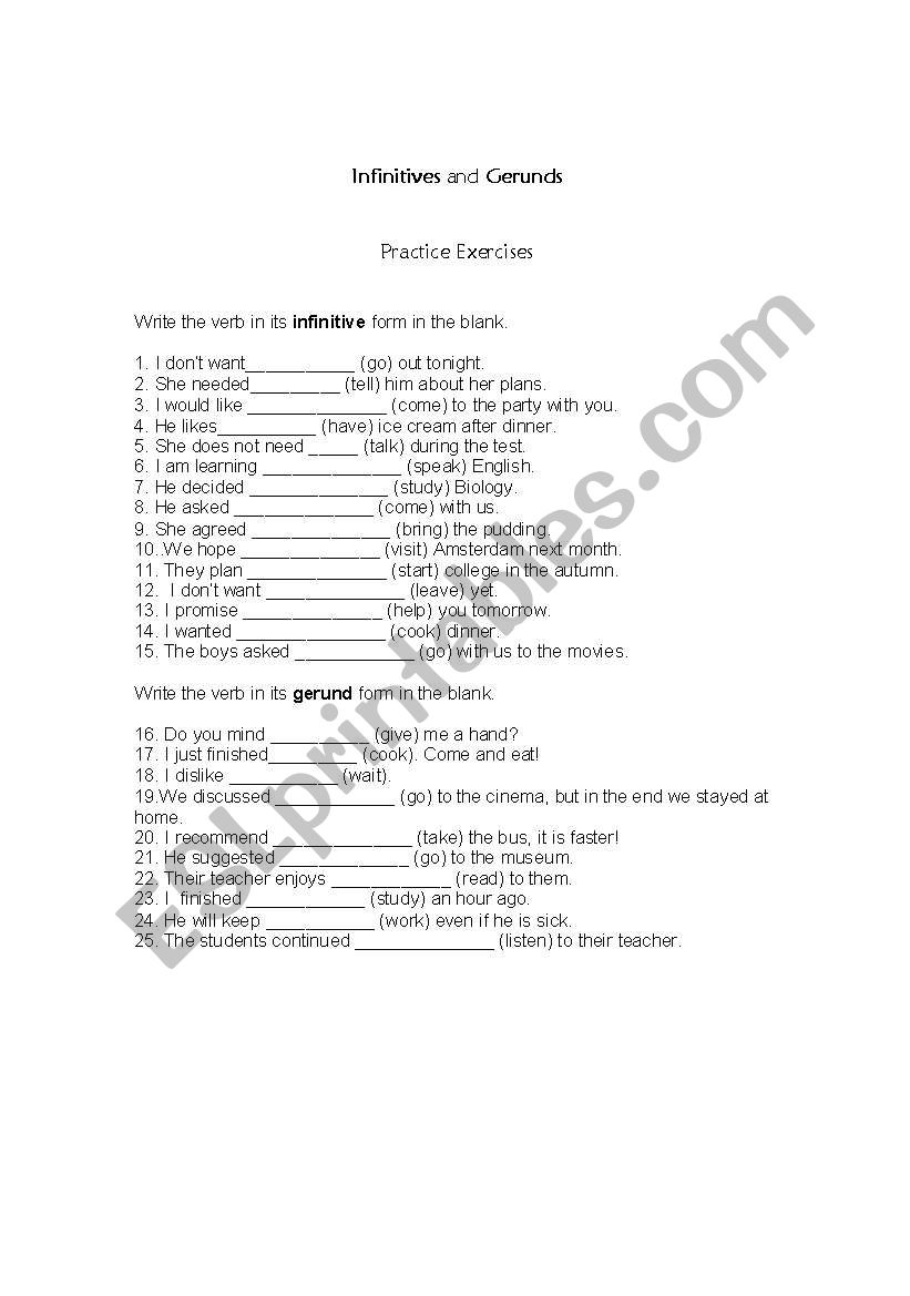 INFINITIVES AND GERUNDS  worksheet