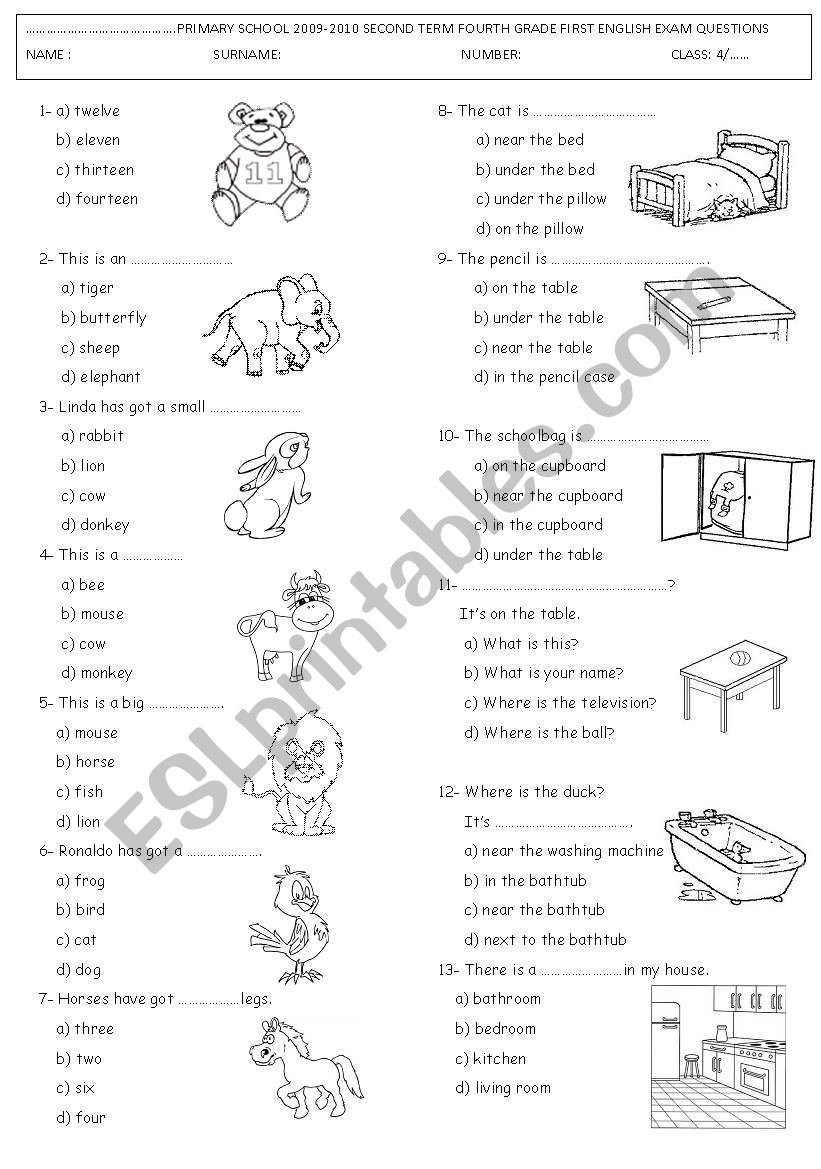 4th grdae test (animals and basic prepositions) PART 1
