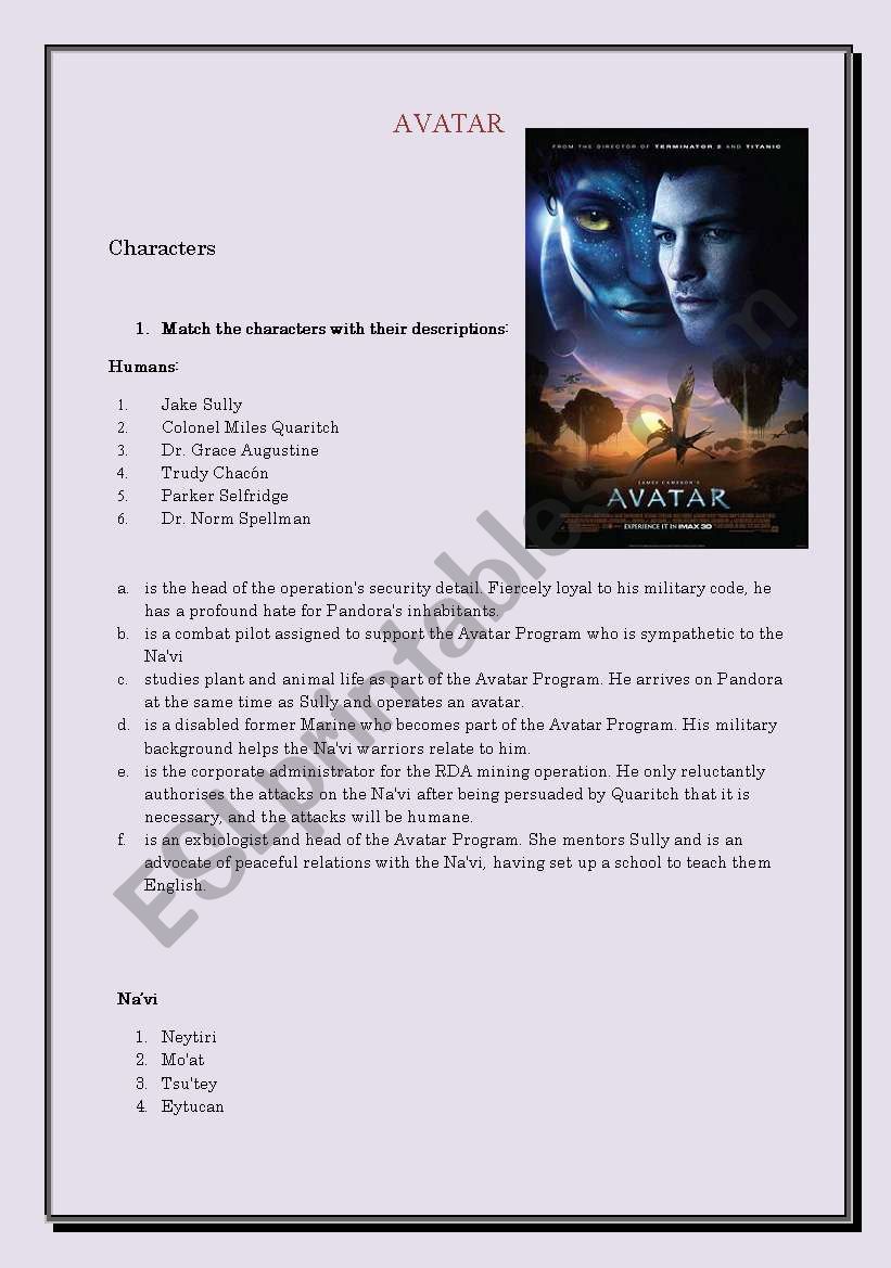 Avatar worksheet