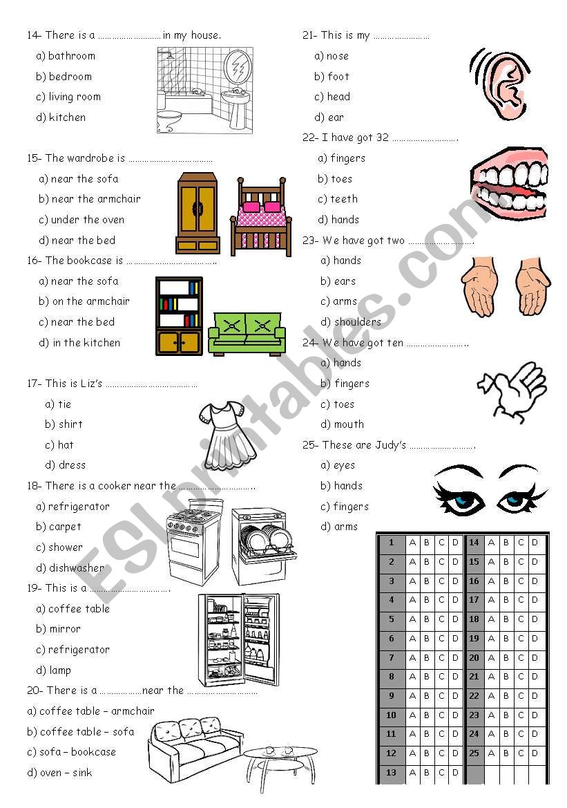 4th grade test furnitur ,basic prepositions and body parts PART 2