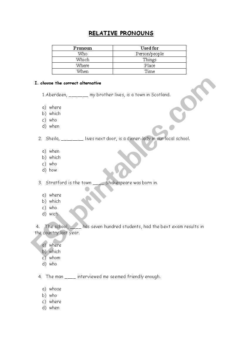 Relative Pronouns worksheet