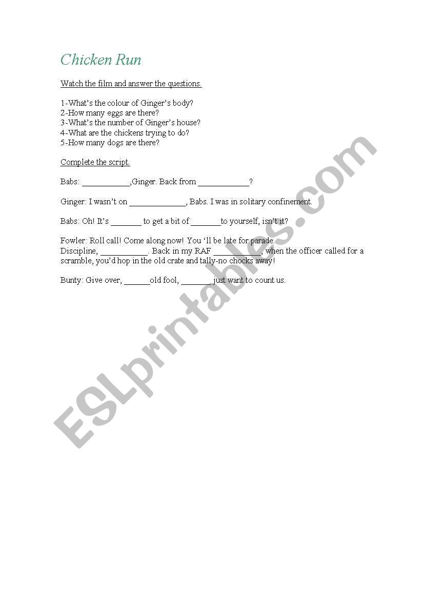 Chicken run worksheet