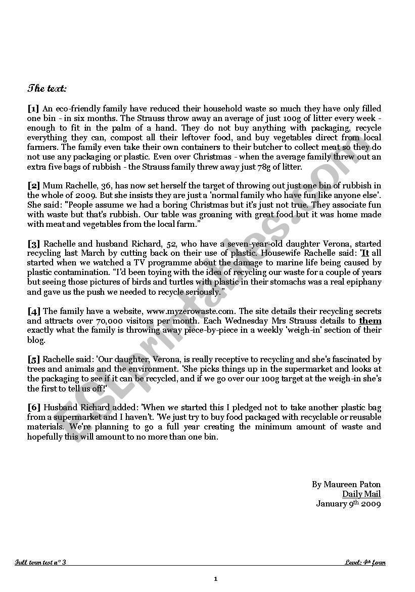 full term test 3 4 th form Part 1 reading comprehension 