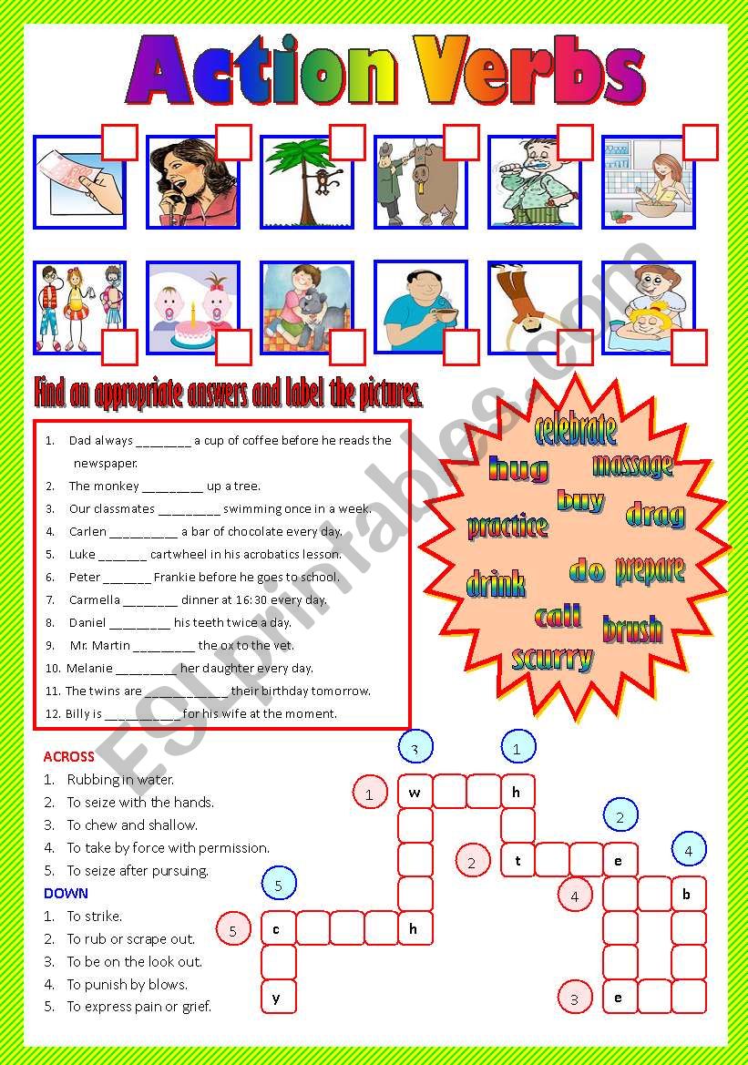 Action Verbs - (B/W & Keys) worksheet