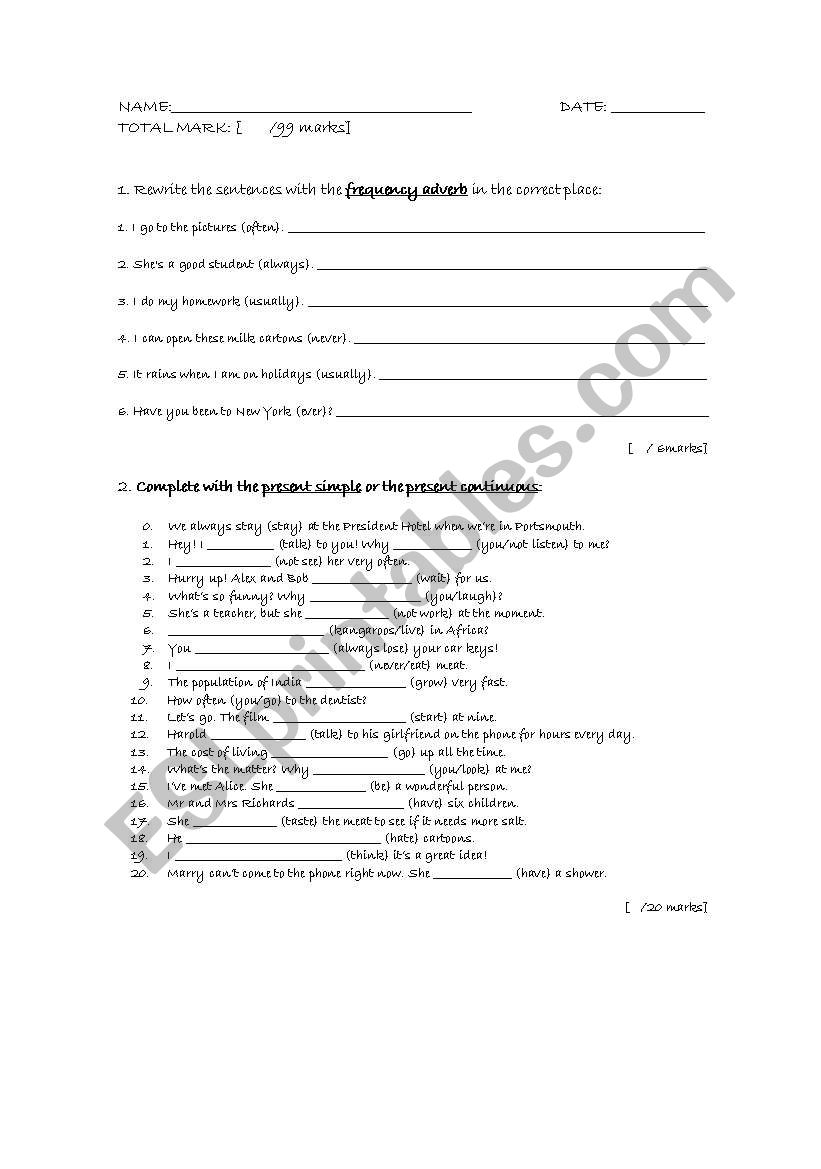 Grammar exam exercise worksheet