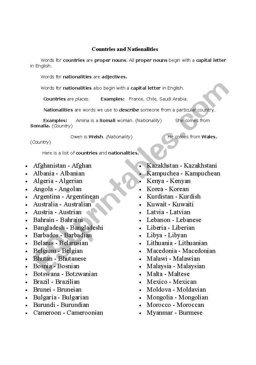 nationalities worksheet