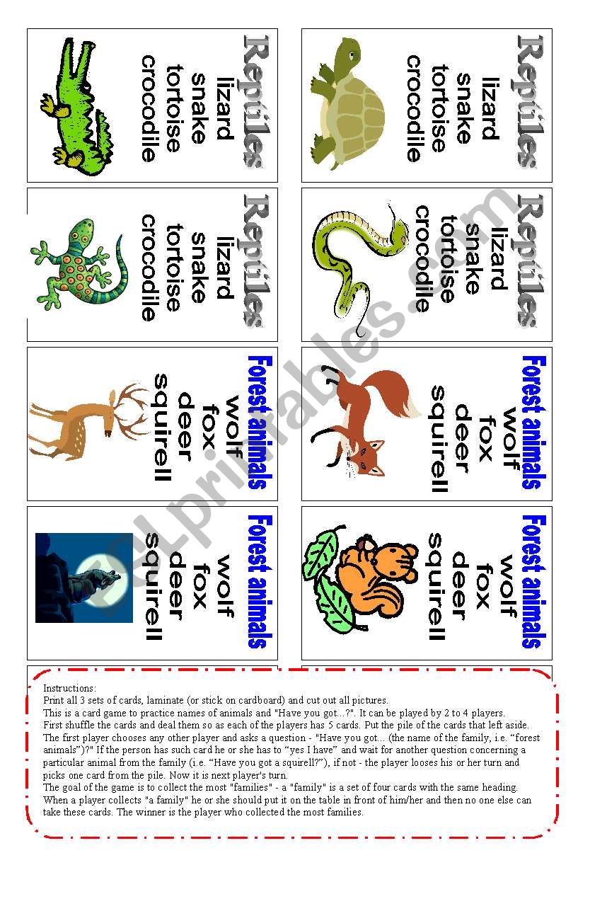 Animals - card game (3 of 3) worksheet