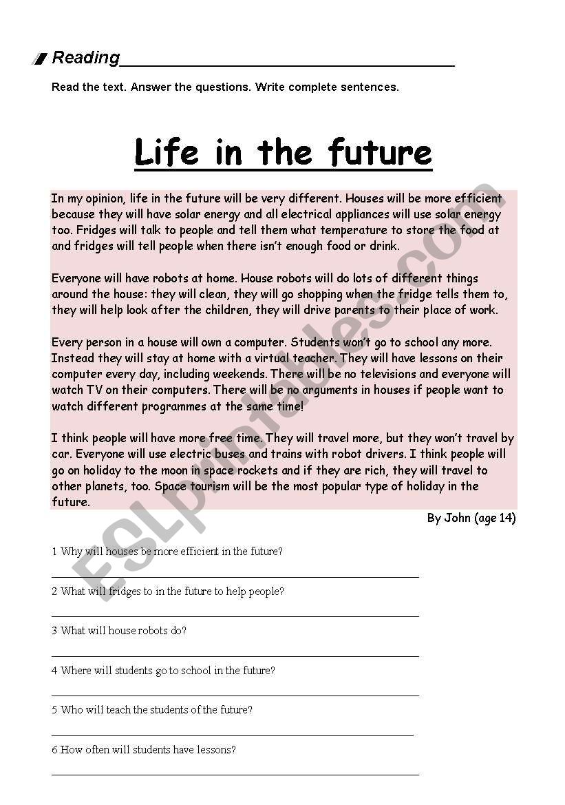 Reading: Life in the future worksheet