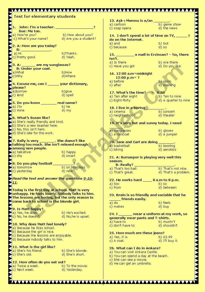 Test for Elementary Students with key