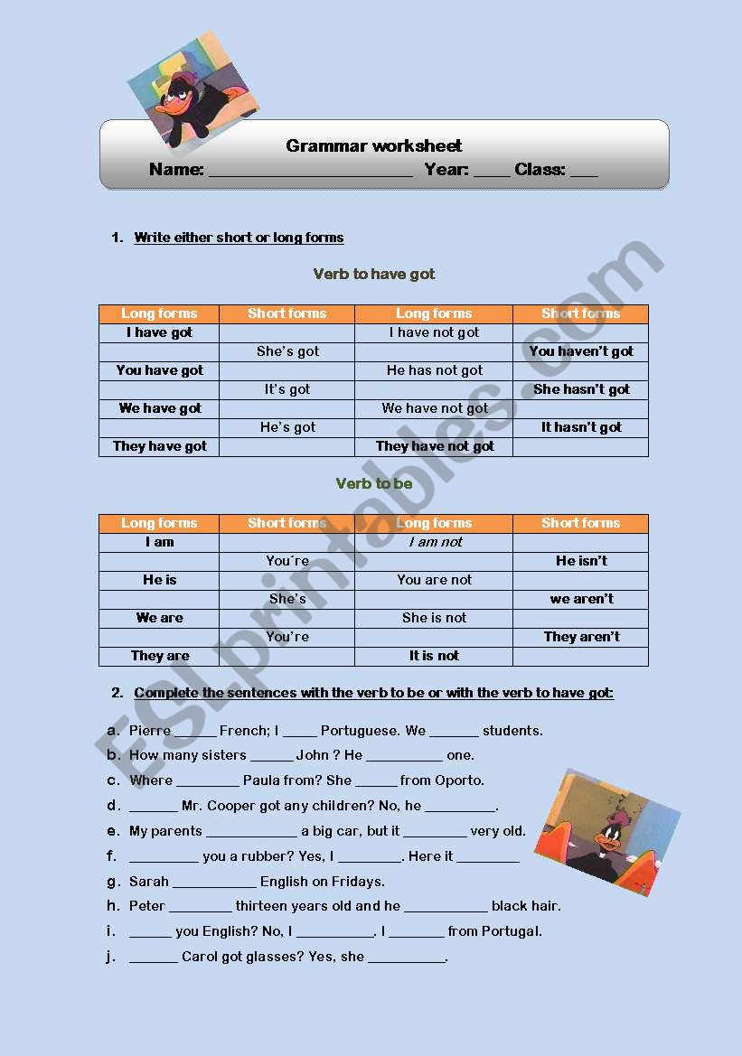 Worksheet on the verbs TO BE / TO HAVE GOT