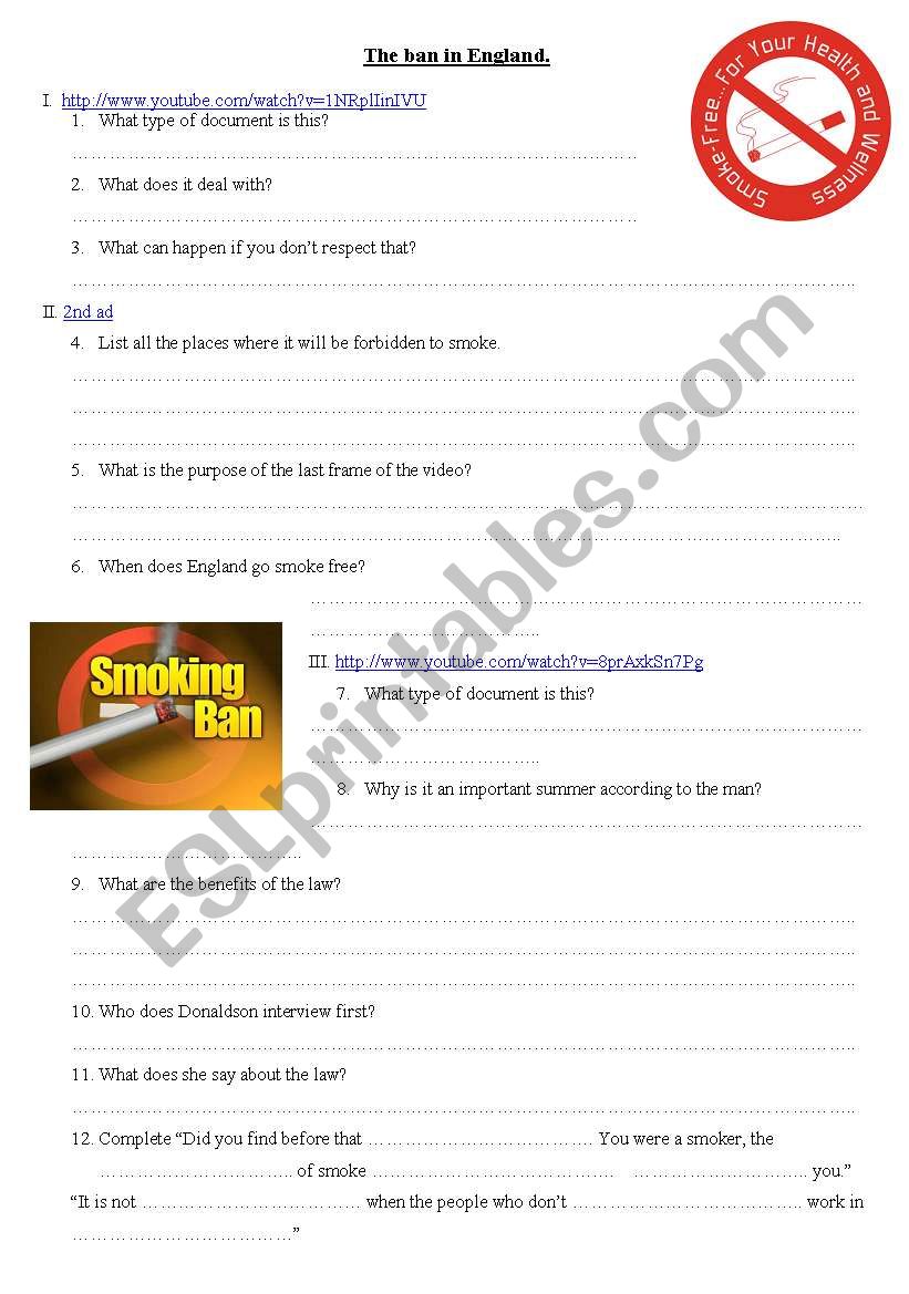 Smoking ban in England worksheet