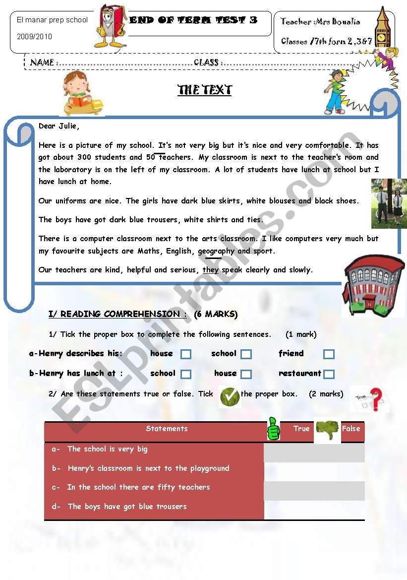 End of Term Test 3 7th Form worksheet