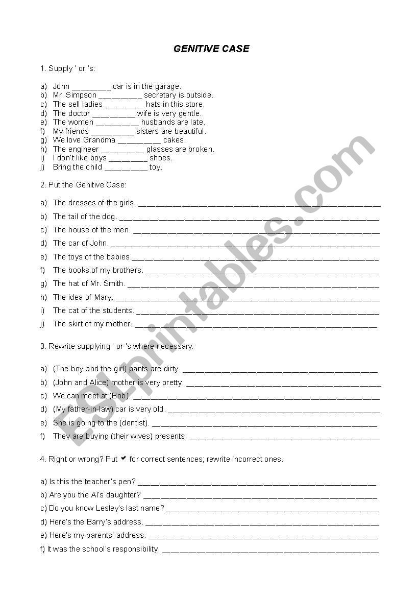 Genitive Case Worksheet worksheet