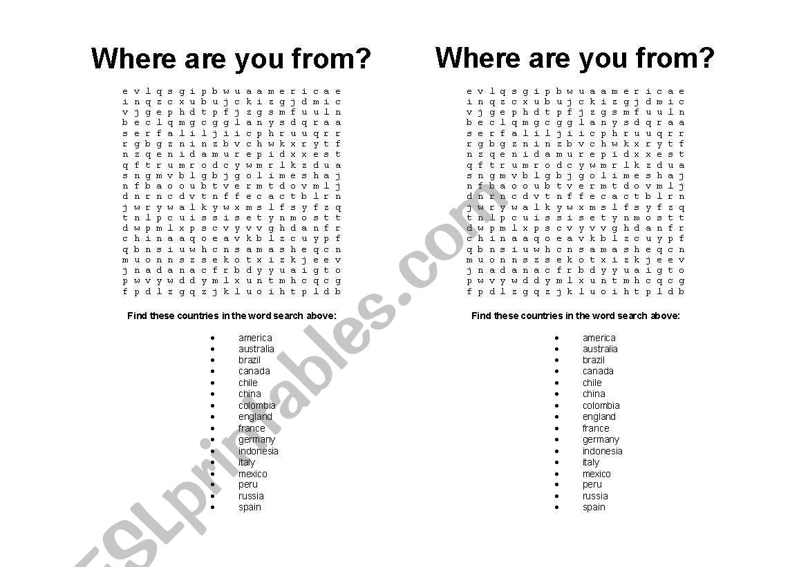 Where are you from - Word Search