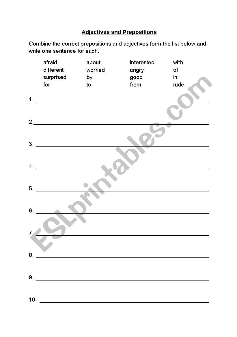 Adjectives and prepositions worksheet