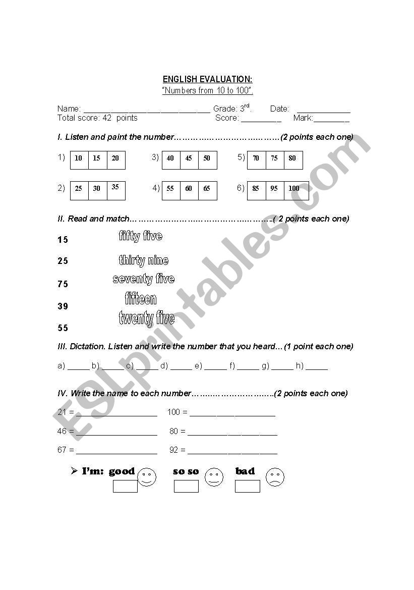 English Test  3rd grade: Numbers from 10 to 100.