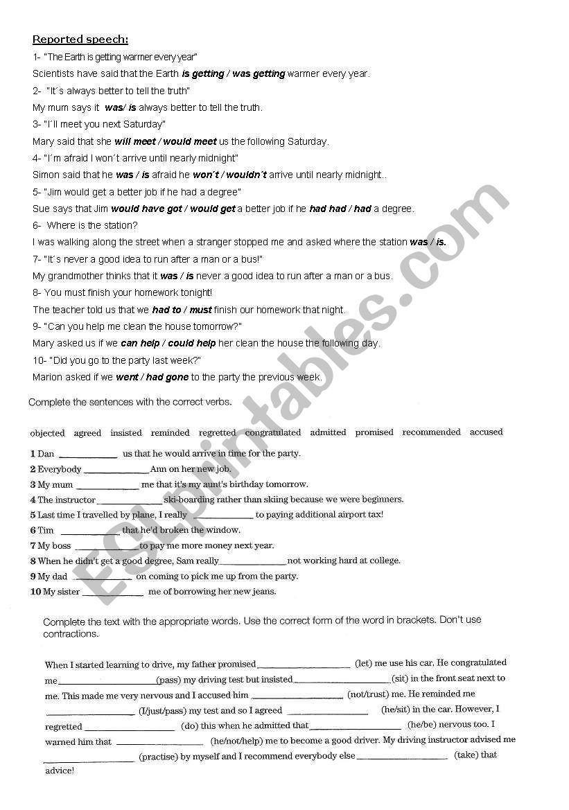reported speech practice worksheet