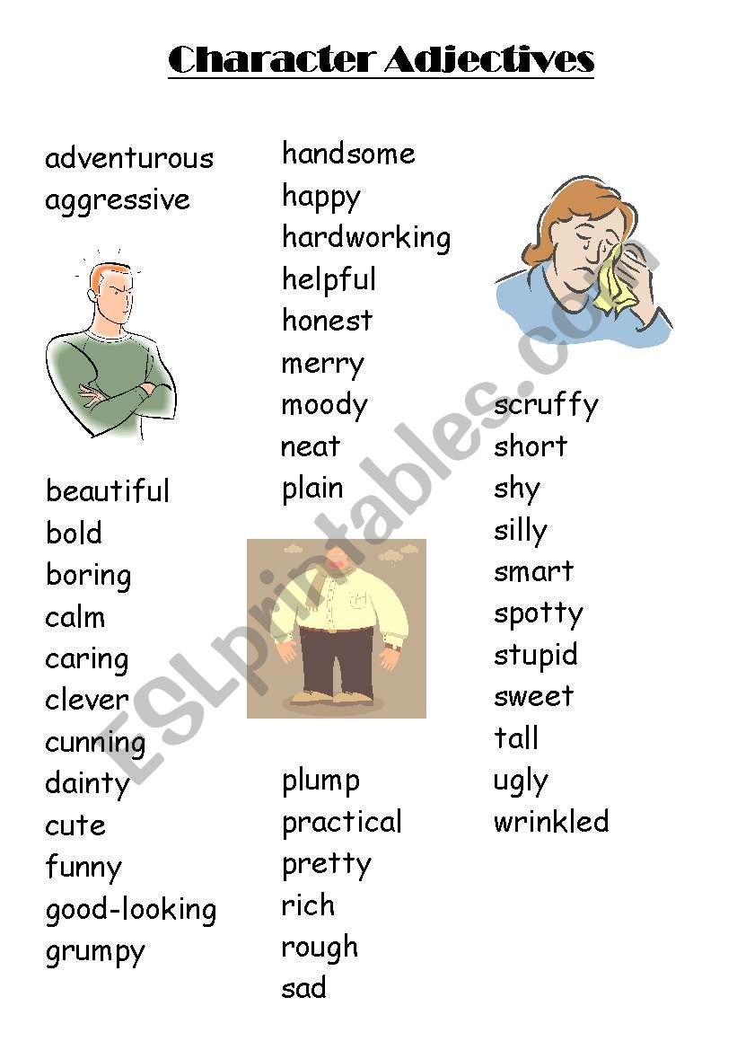 character adjectives worksheet