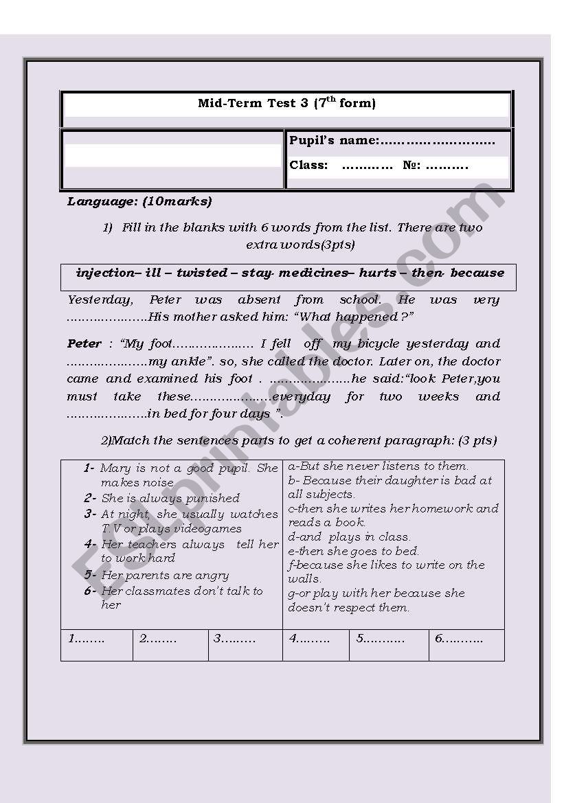 7th form mid-term test 3  worksheet