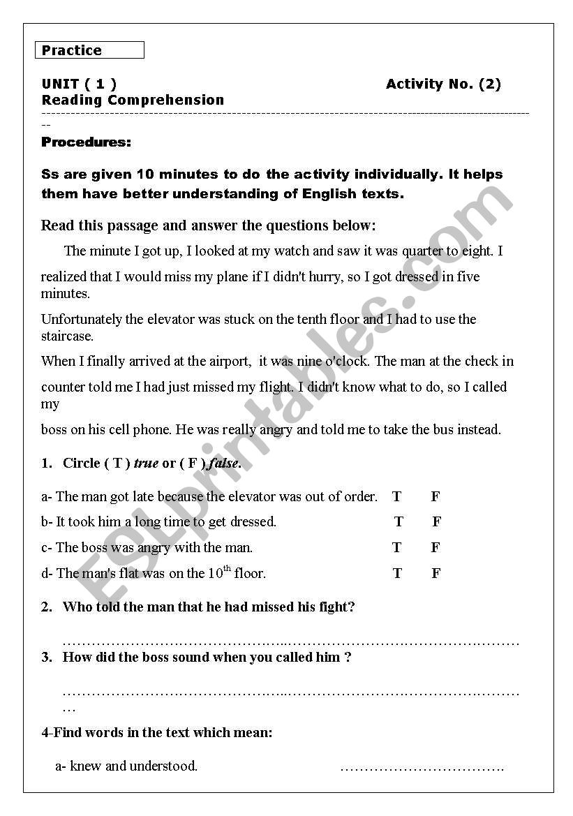 reading comprehension worksheet