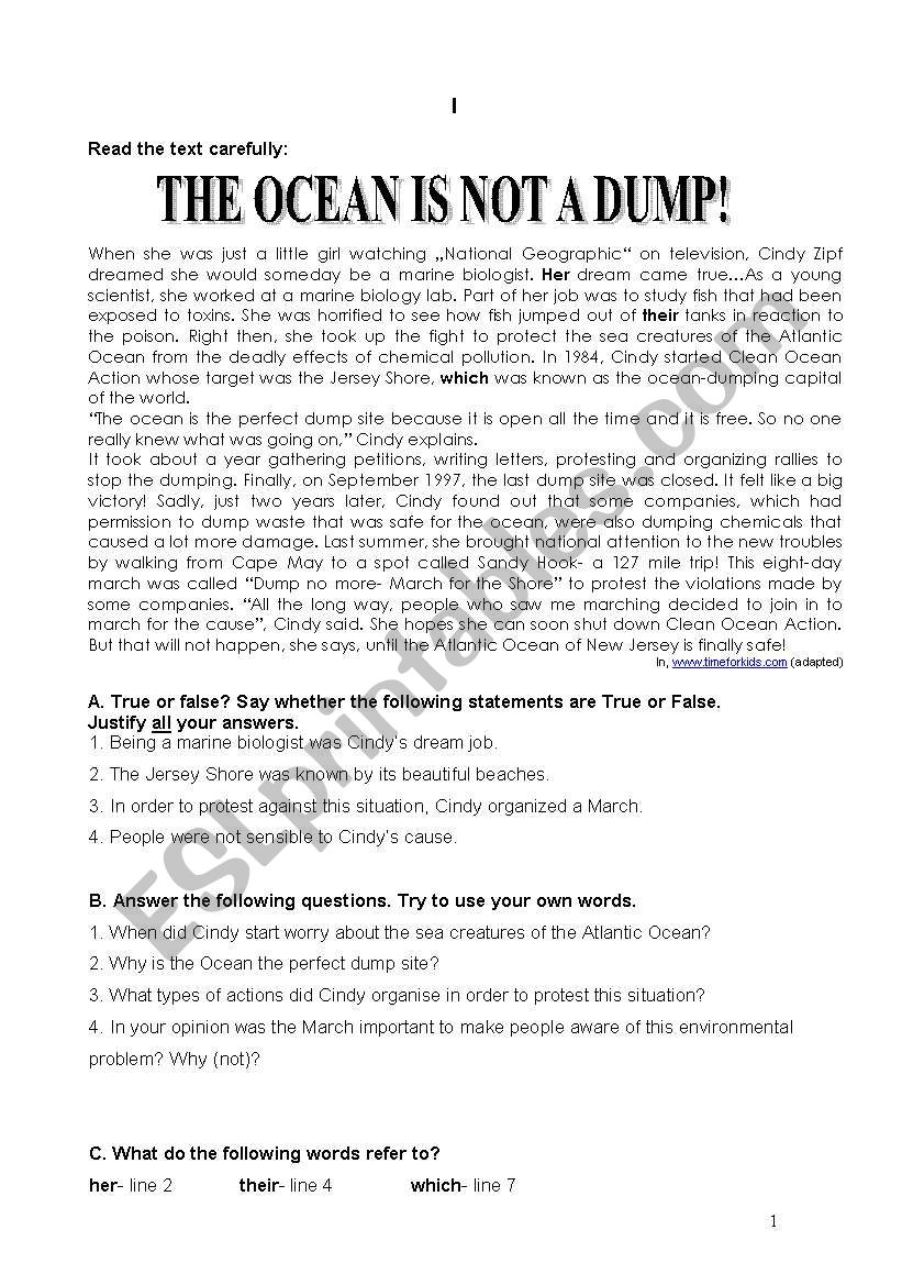 The ocean is not a dump! worksheet