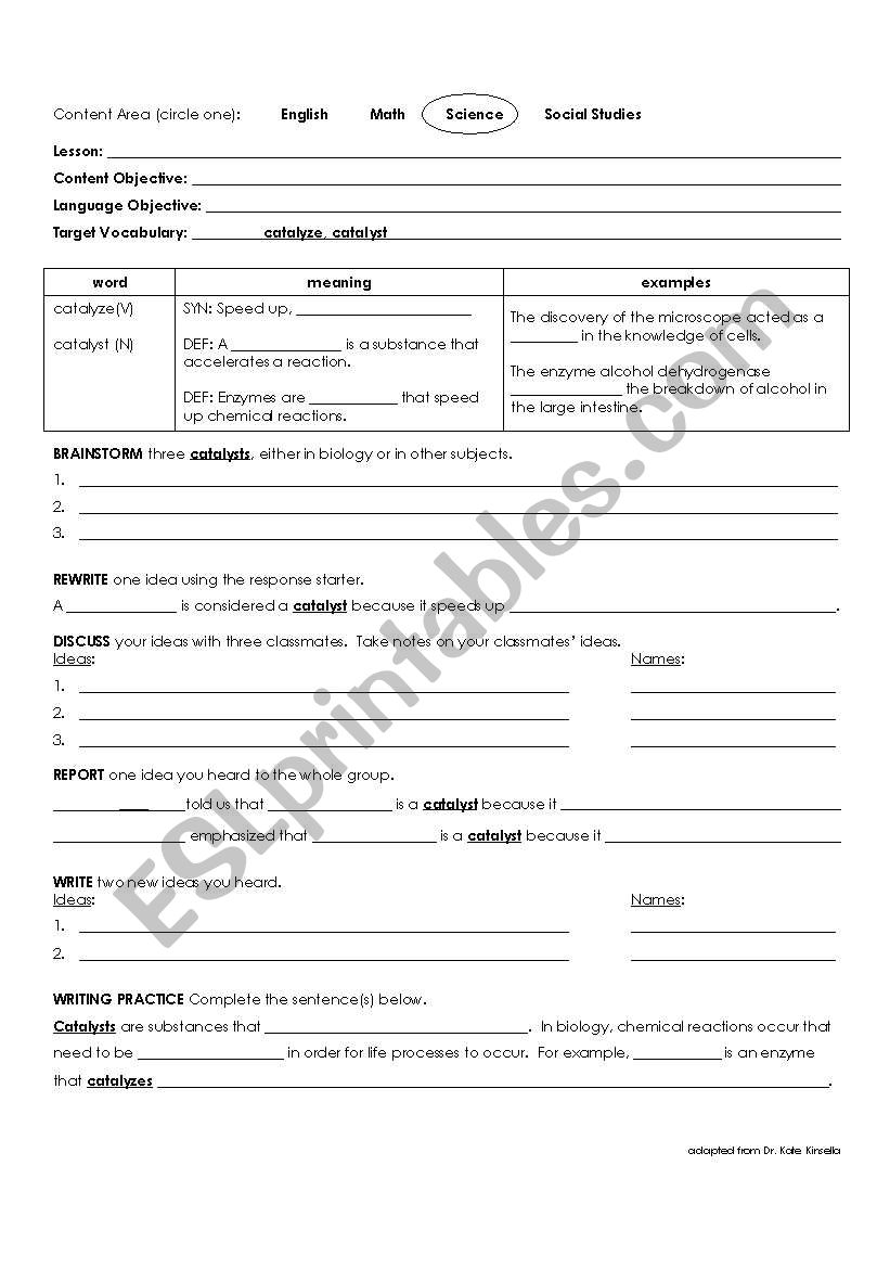 Catalyze Vocab Sheet worksheet