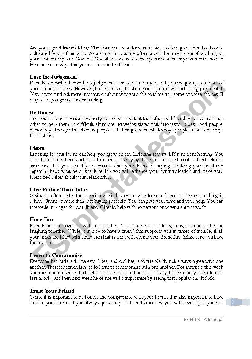 Ways to become a good friend worksheet