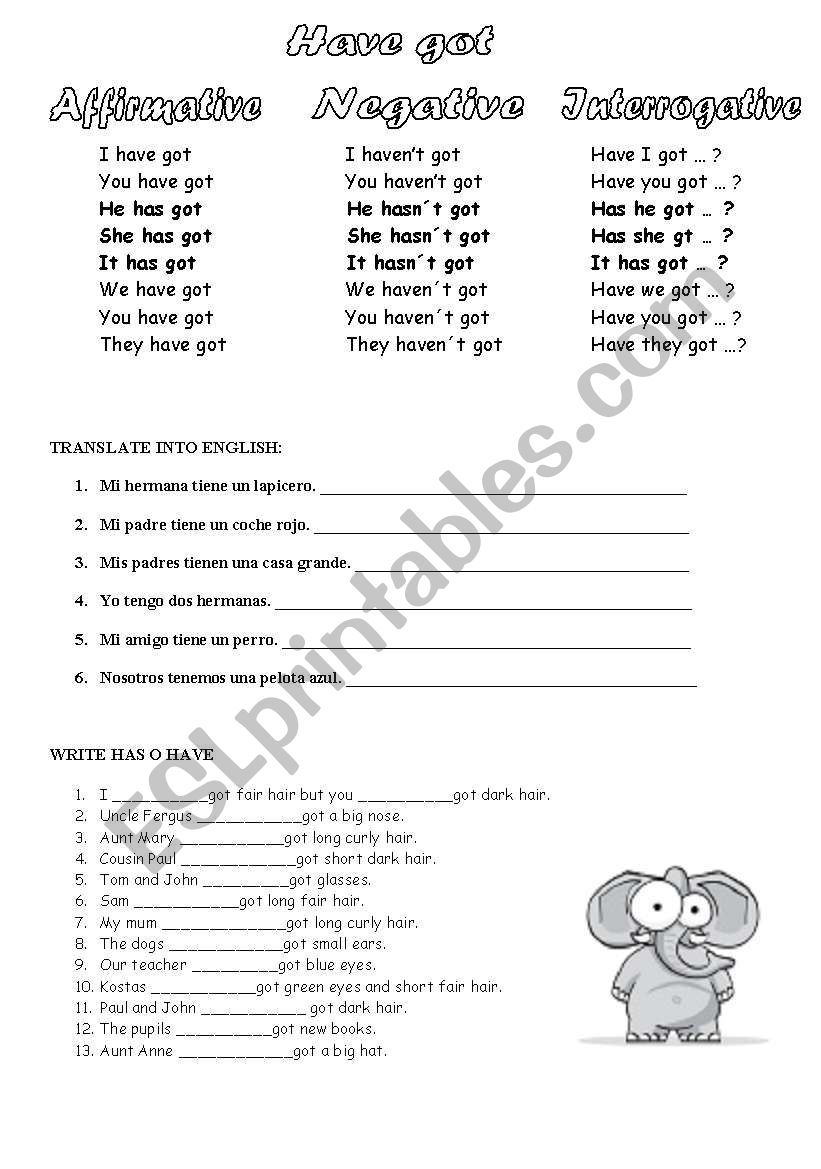 TO HAVE worksheet