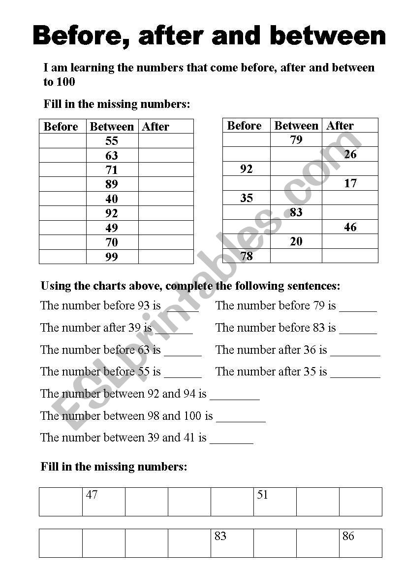 Before, after and between to 100