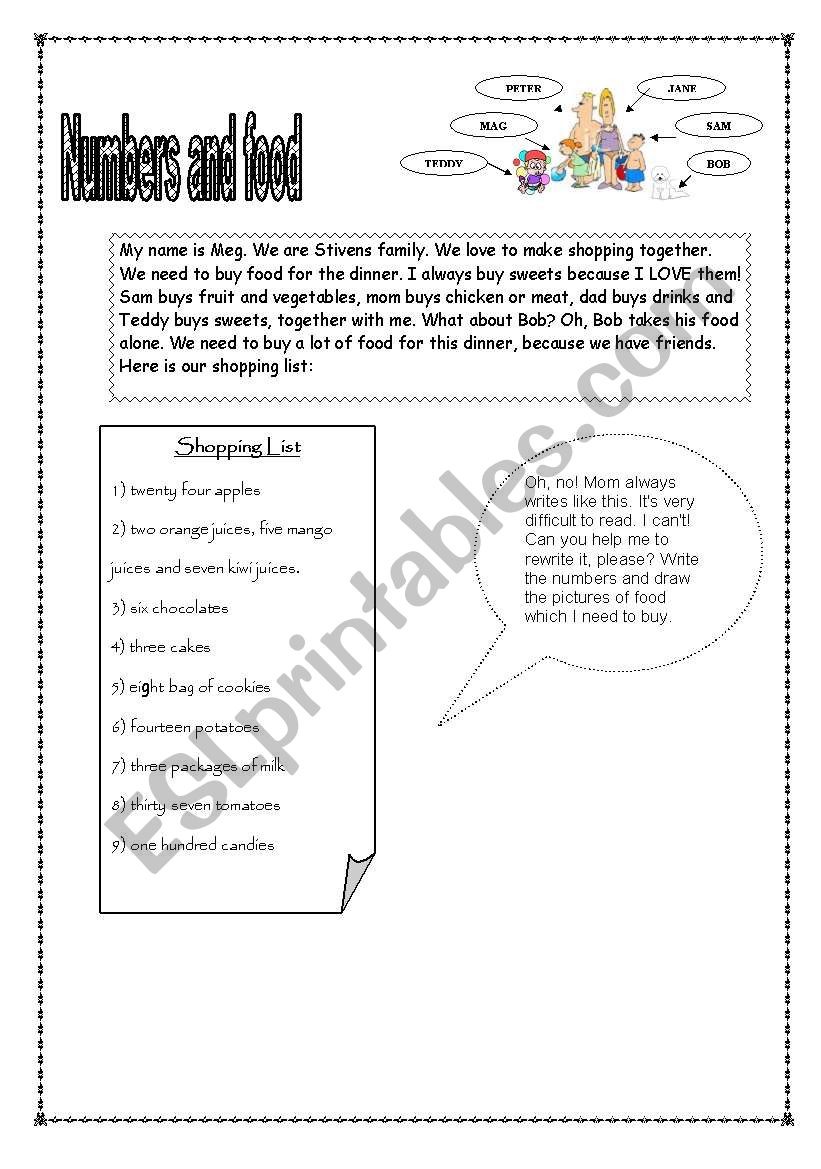 numbers and food page 1 worksheet