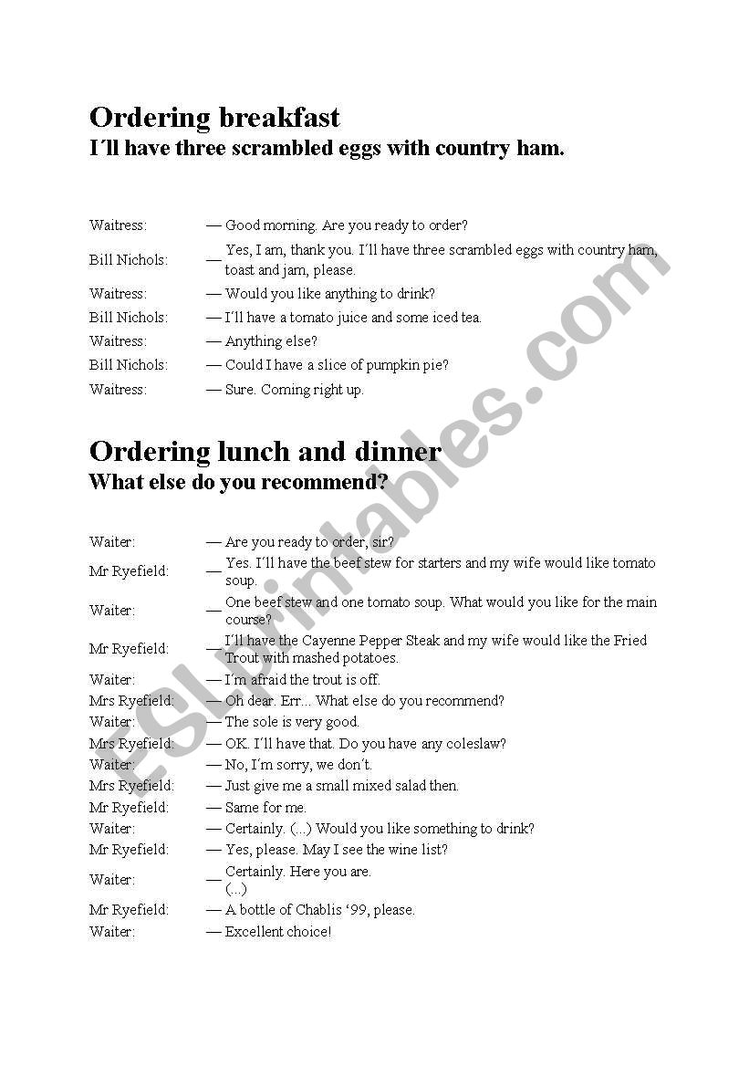 Ordering Meals worksheet