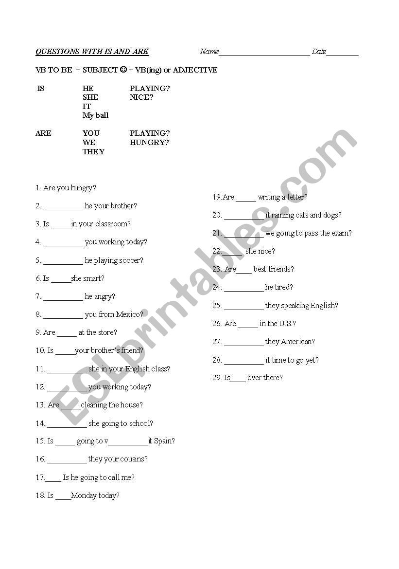 Questions with is and are worksheet