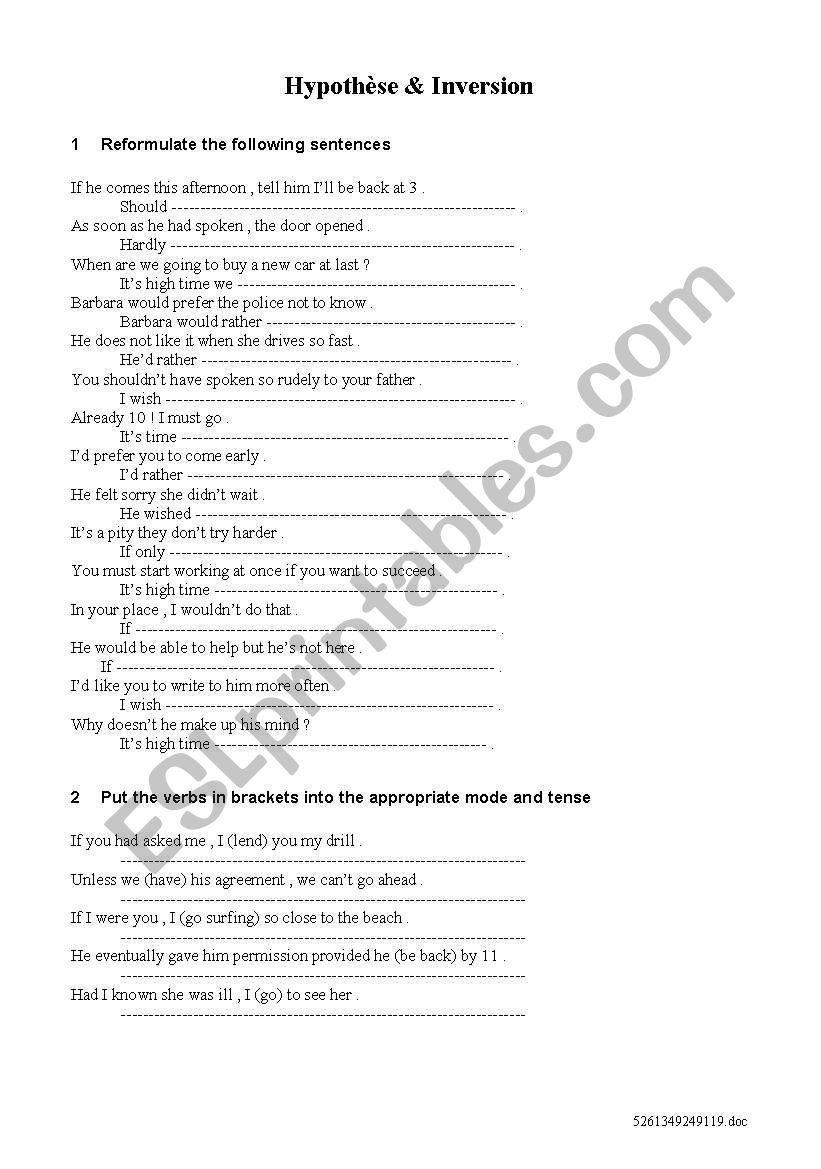 hypothese et inversion worksheet