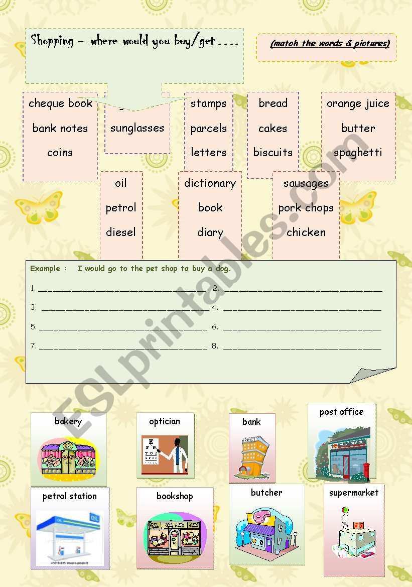 Shops & Buildings in town worksheet