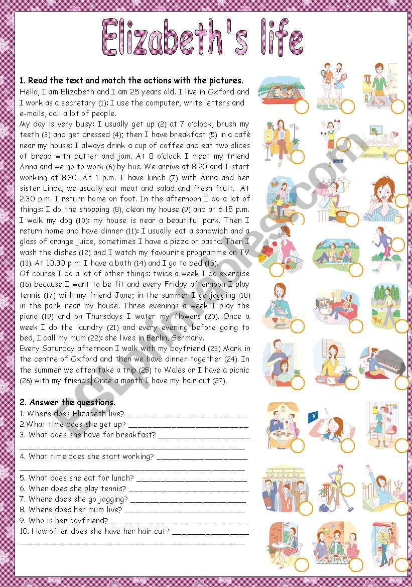 ELIZABETHS LIFE - READING worksheet