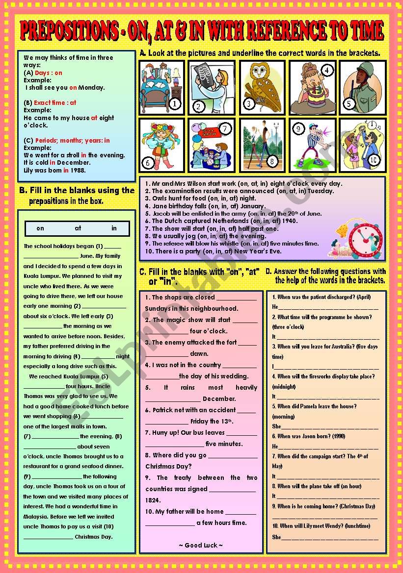 Prepositions - On,at and In with reference to time + KEY