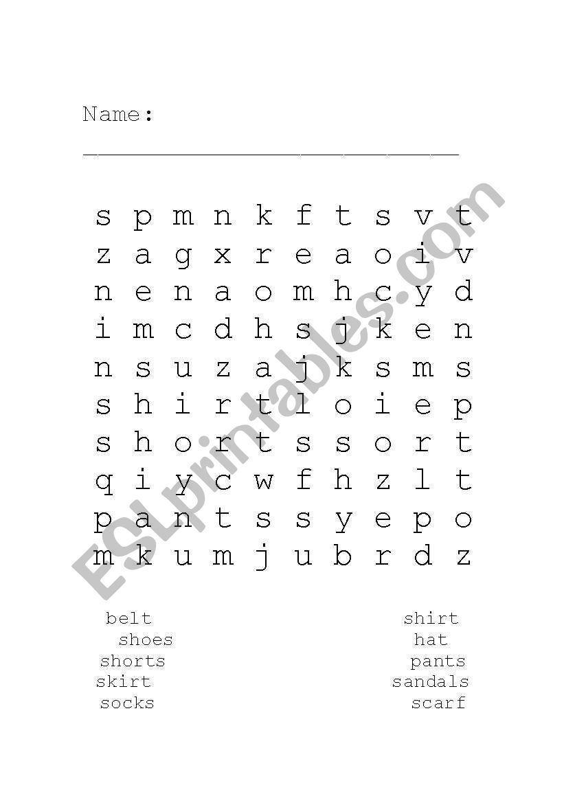 Clothes Word Search worksheet