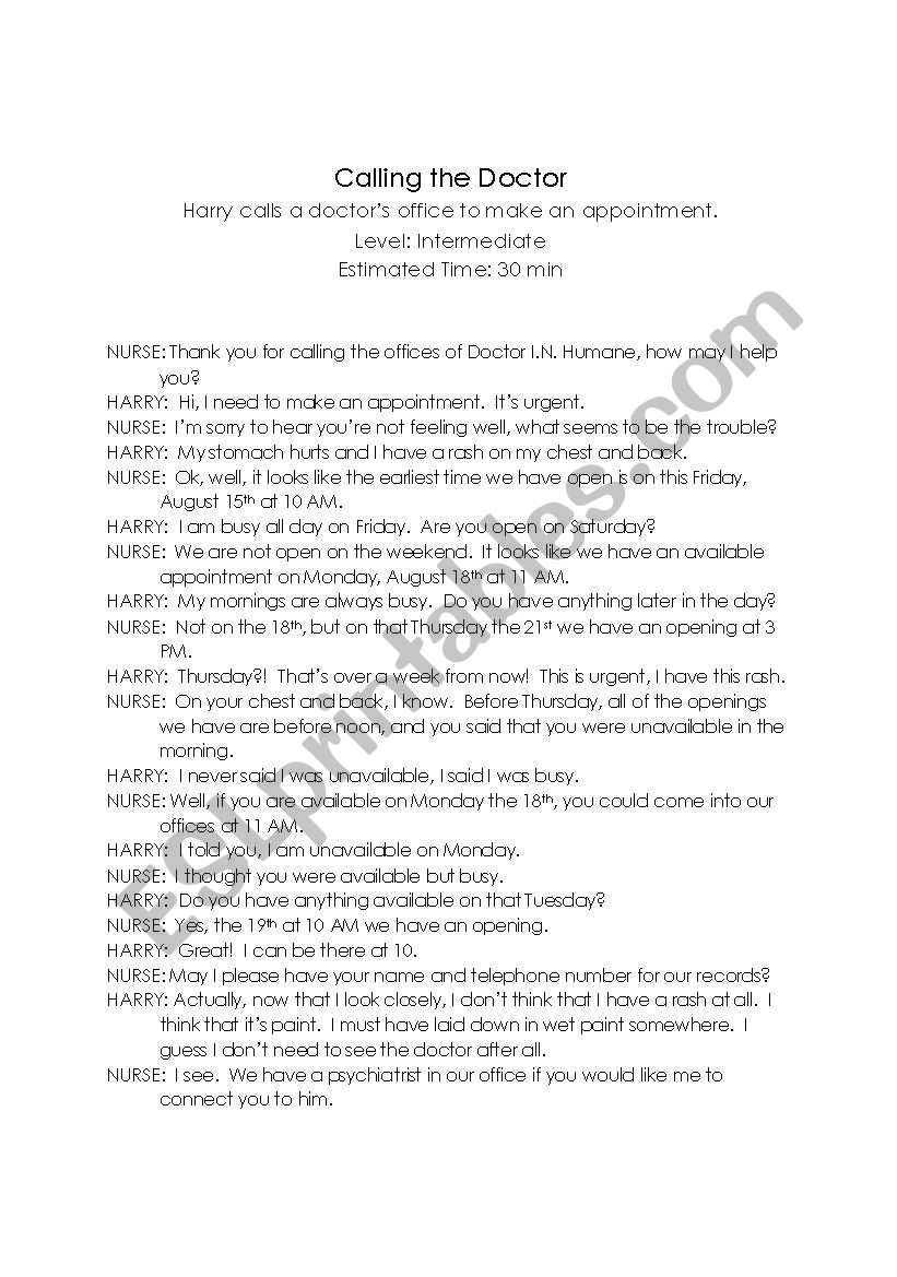 Calling the Doctor worksheet