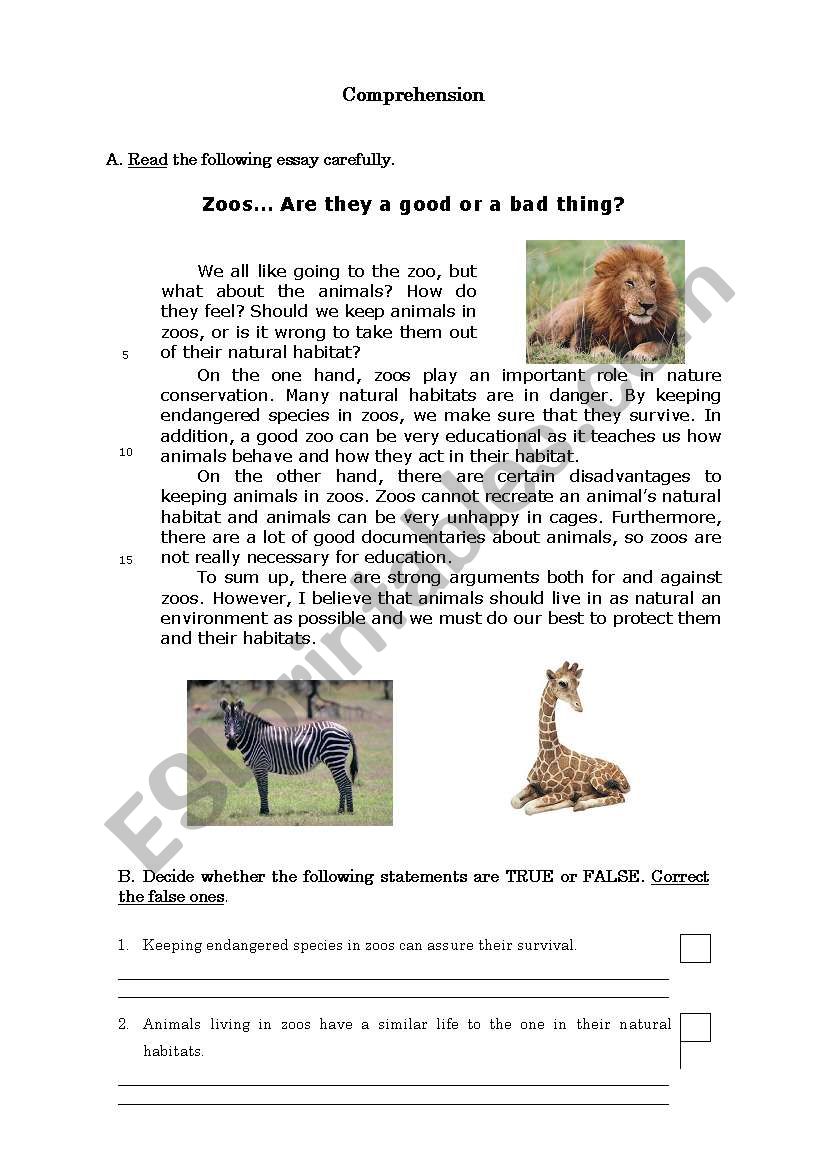 Zoos - A good or a bad thing? worksheet