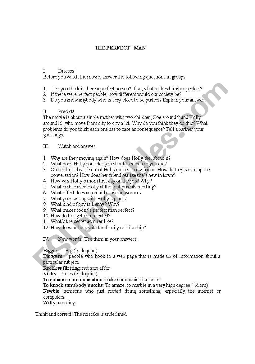 The Perfect Man worksheet